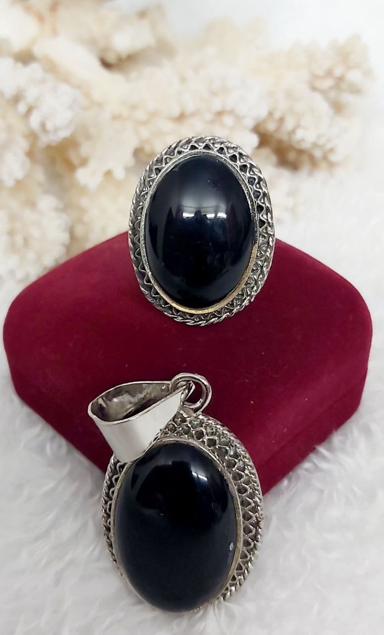 Oval Stone Silver-Plated Pure Copper Ring & Pendant
