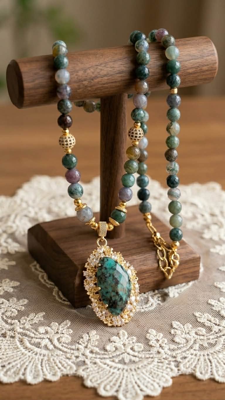 Mossy Agate Stone Necklace (75 cm)