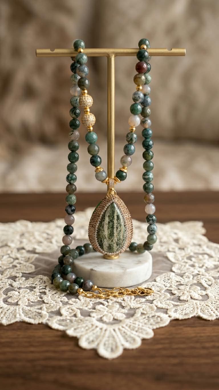 Pure Mossy Agate And pendant of jasper stone necklace (75 cm)