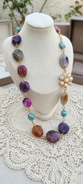 Natural agate with a natural pearl spacer Necklace (75 cm)