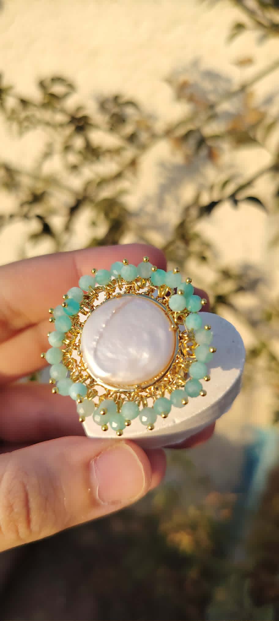 Pure pearl with pure Amazonite stone free size ring