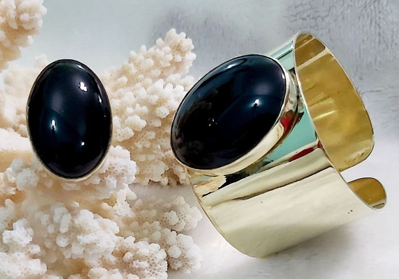 Mirror Polish Pure Copper Stone Cuff & Ring Set