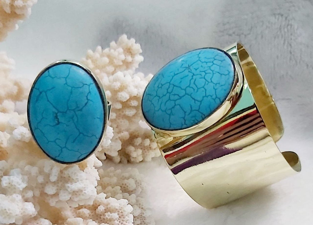 Mirror Polish Pure Copper Stone Cuff & Ring Set