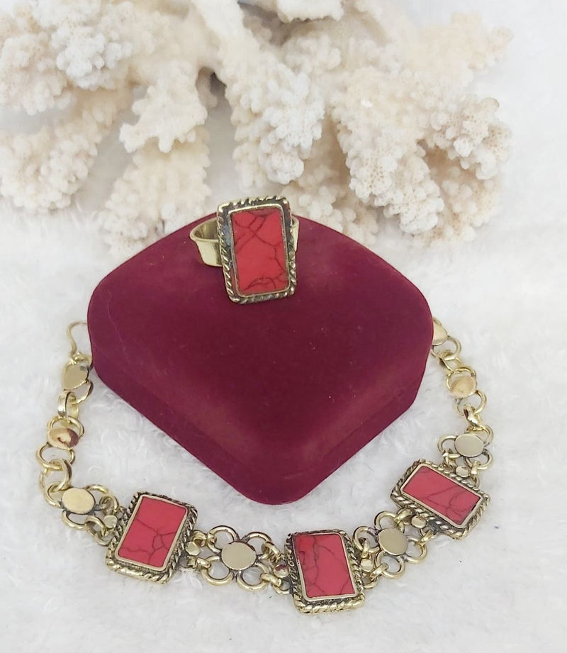 Rectangular Stone Pure Copper Bracelet & Ring Set
