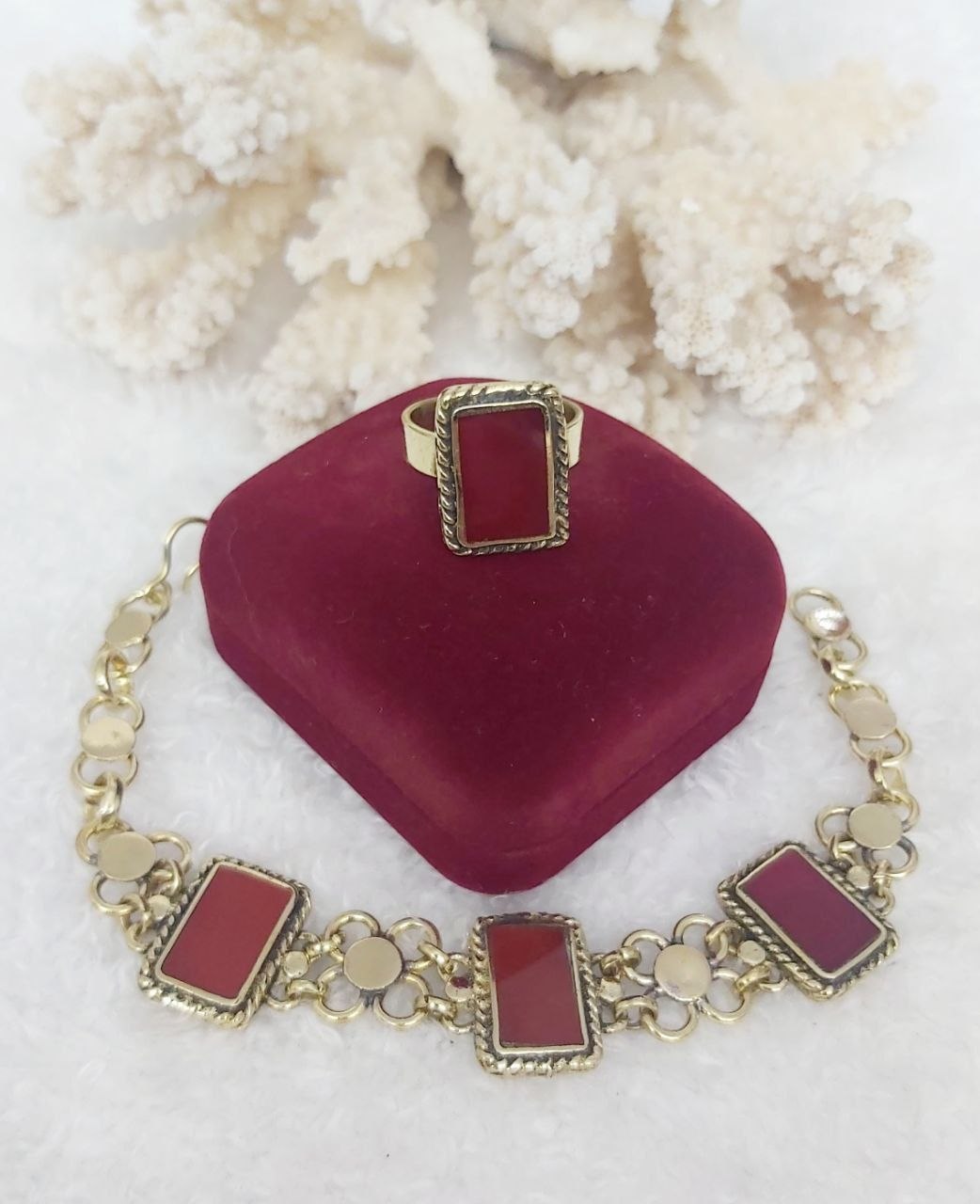 Rectangular Stone Pure Copper Bracelet & Ring Set