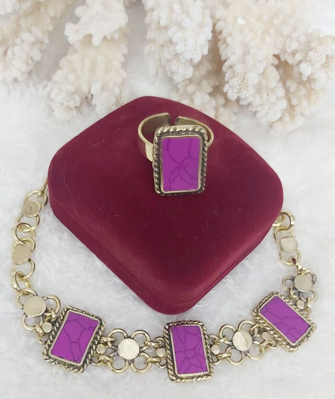Rectangular Stone Pure Copper Bracelet & Ring Set
