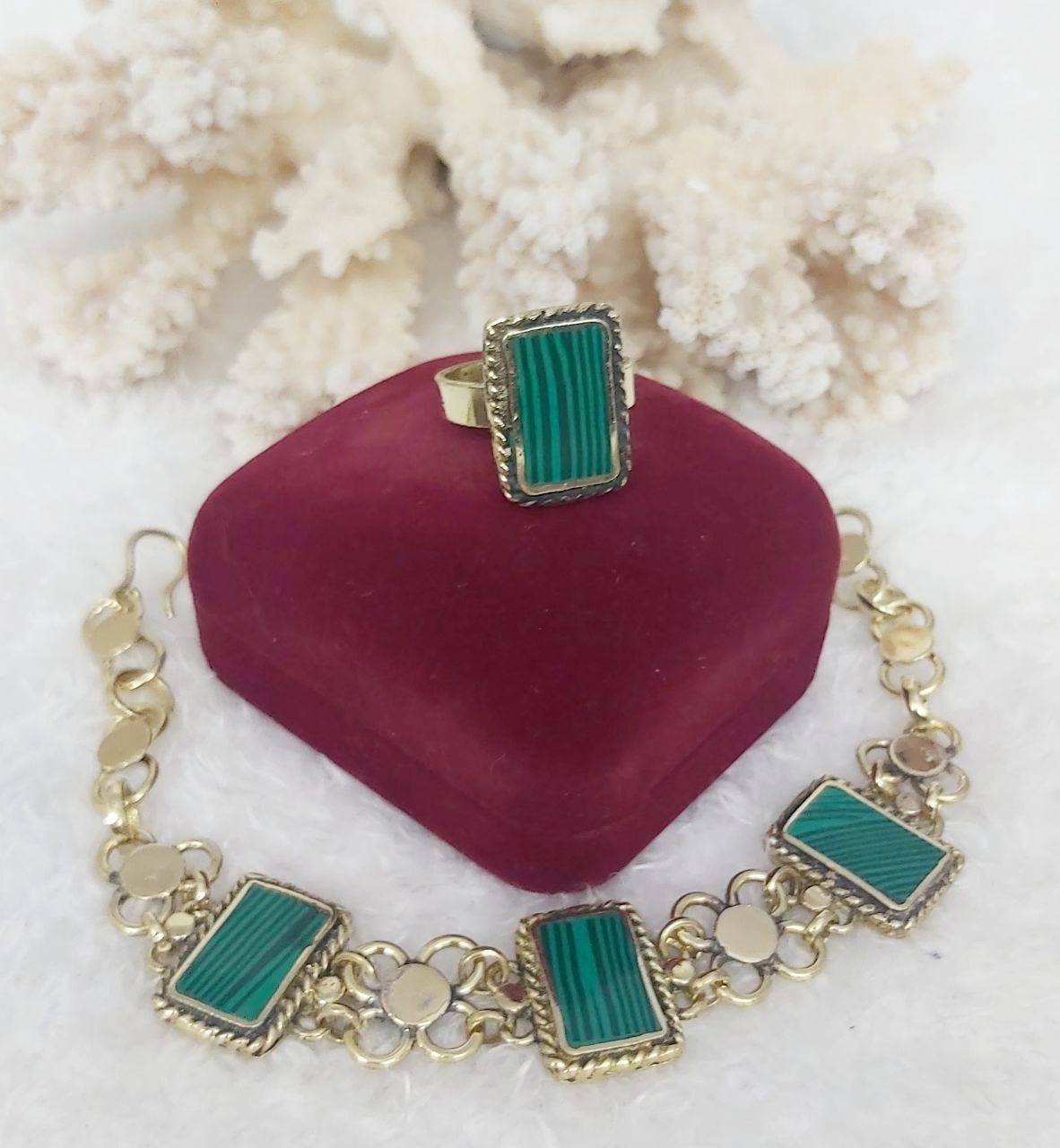 Rectangular Stone Pure Copper Bracelet & Ring Set