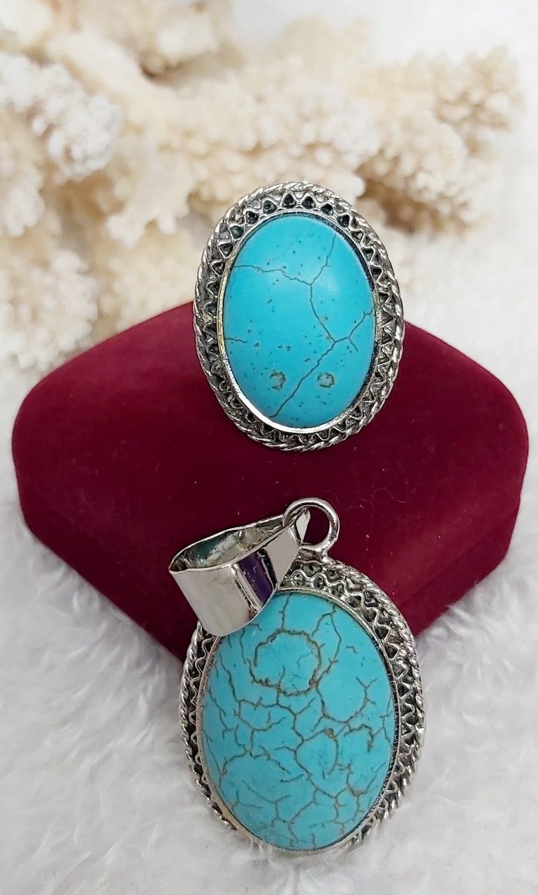 Oval Stone Silver-Plated Pure Copper Ring & Pendant