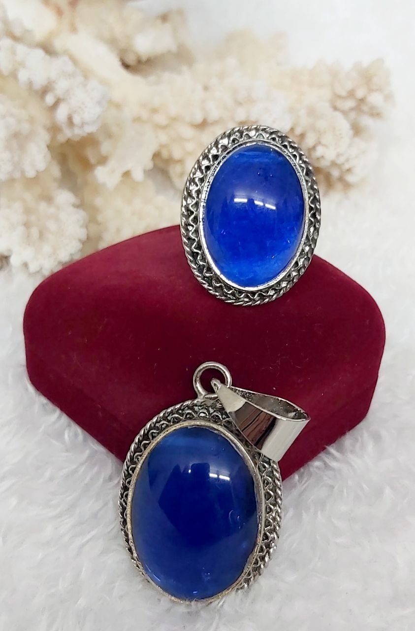 Oval Stone Silver-Plated Pure Copper Ring & Pendant