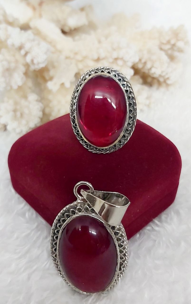 Oval Stone Silver-Plated Pure Copper Ring & Pendant