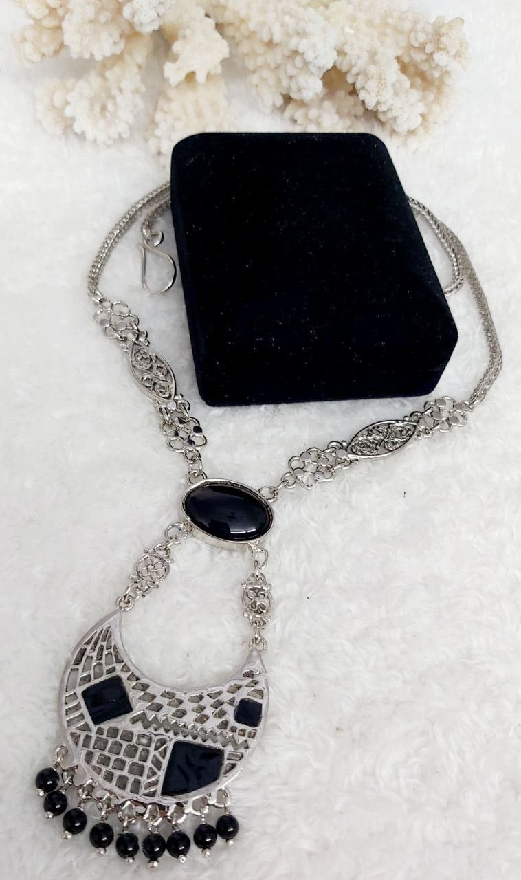 Crescent Moon Filigree Silver-Plated Stone Necklace