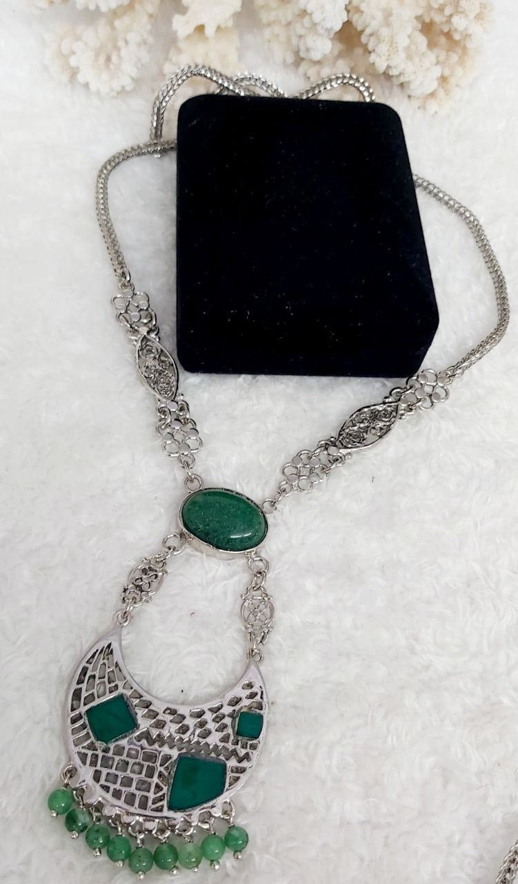 Crescent Moon Filigree Silver-Plated Stone Necklace