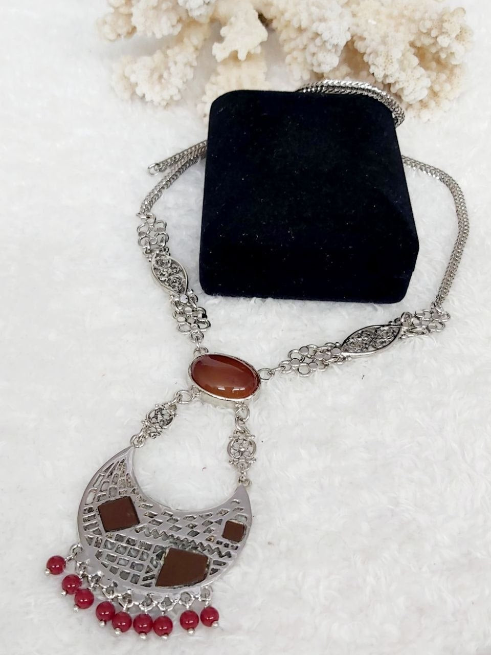 Crescent Moon Filigree Silver-Plated Stone Necklace